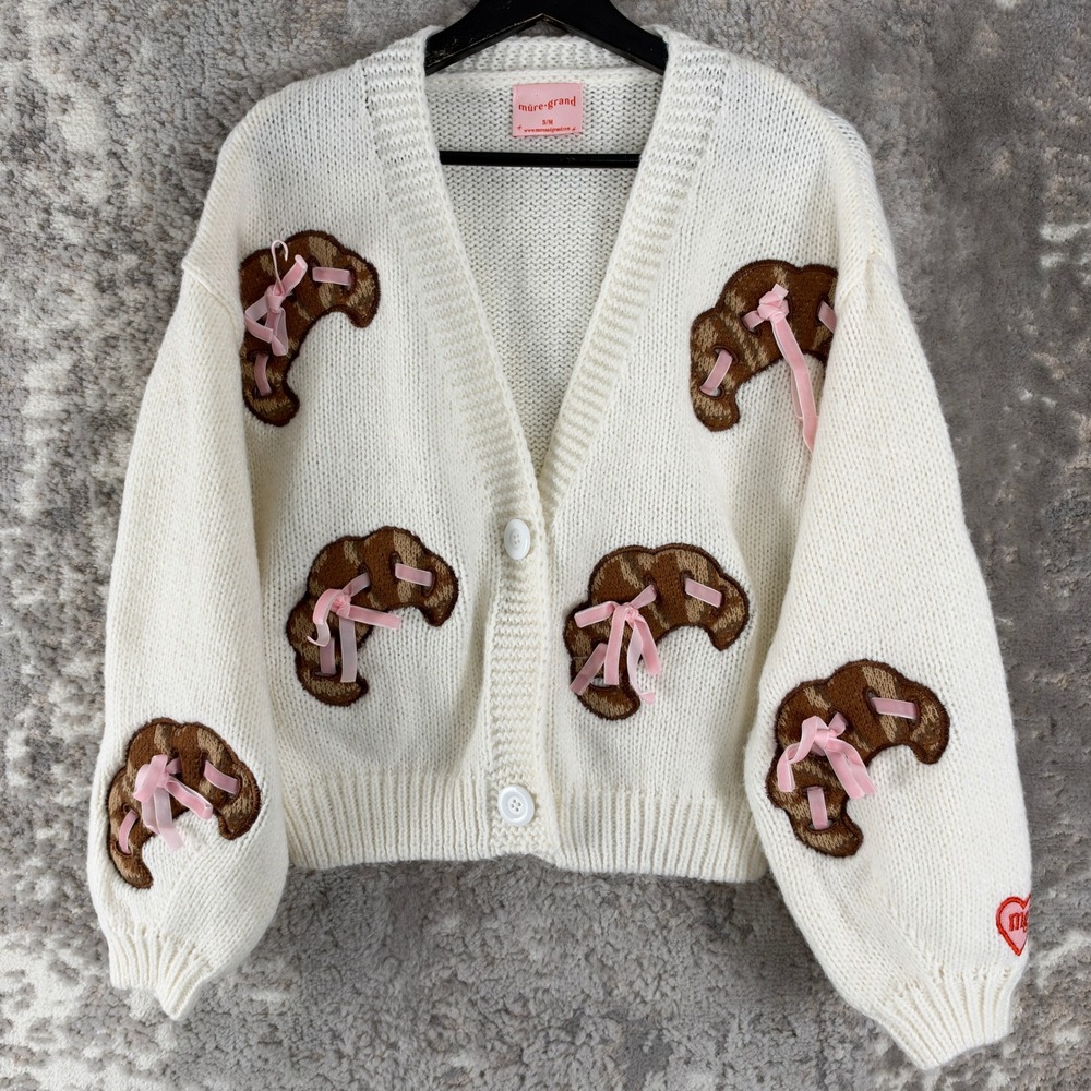 Mure + Grand Size S/M Croissant Bow Patch Cardigan Sweater White Women